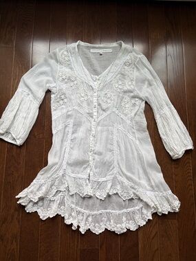 Piluca Biyarri Ibiza  White Embroidered Button-Up Beach Cover Up Tunic Sz XL